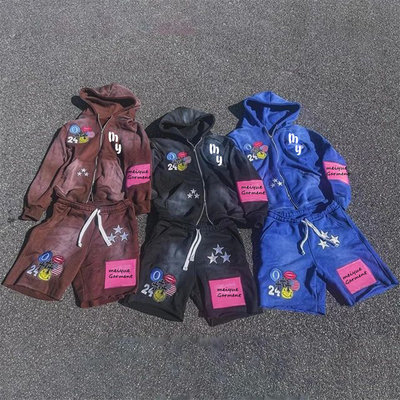 Custom Zip up Jacket Acid Wash Vintage Zipper Hoodie Sun Faded Shorts Sweatsuits Unisex Sets Zip up Hoodie and Short Jogger Set
