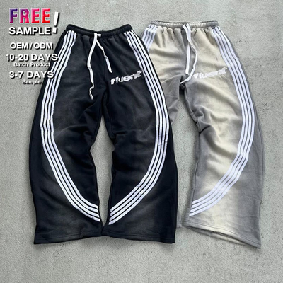 Oem Custom Embroidery Print Logo 100 Cotton Heavyweight Striped Acid Wash Stacked Flared Sweat Pants Track Pant Sweatpants Men