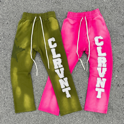 İyi bir fiyat. Tasarımcı Güneş solmuş nakış yama sıkıntılı Fransız Terry Vintage Düz Bacaklı Spor Pantolonları Erkekler için Ter Pantolonları Özel Logo çevrimiçi