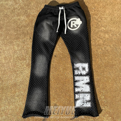 Custom Acid Stone Wash Applique Distressed Embroidered Vintage Track Sweat Pant Acid Washed Mens Baggy Rhinestone Sweatpants