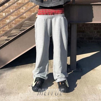 Custom Supplier Loose Cotton Fit Plain Straight Wide Leg Baggy Sweat Pants Men Print Logo French Terry Double Waist Sweatpants