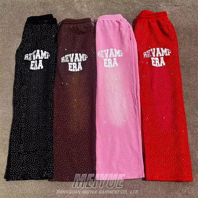 Custom Rhinestone Sweatpants Vintage Sun Faded Acid Wash Sweatpants Puff Printing