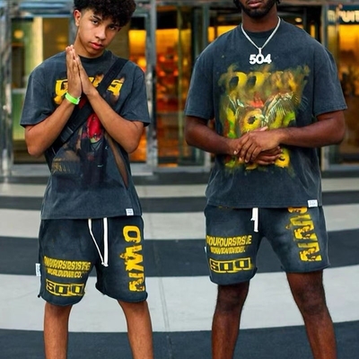 Streetwear Summer 100 Cotton Tracksuit Shorts Set Mens  Screen Printing Heavyweight