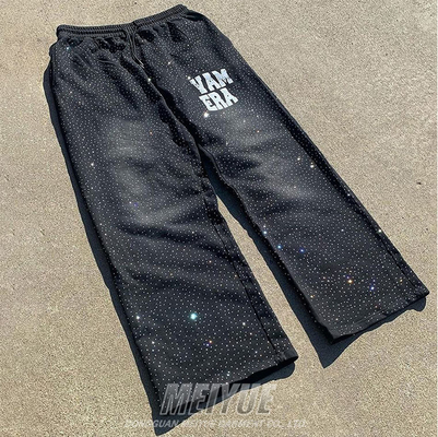 Custom Manufacturer Heavyweight Oversized Man Sun Faded Vintage Track Sweat Pant Acid Washed Mens Baggy Rhinestone Sweatpants