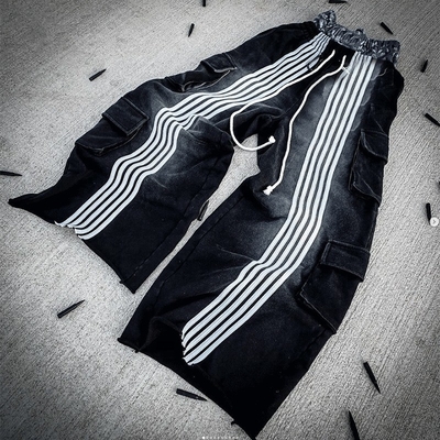 Custom Logo Embroidery Double Layer Waist Track Pants Oversized Baggy Cargo Striped Sweat Jogger Pants Flared Sweatpants for Men