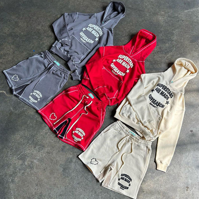 Custom Puff Print Pullover Hoodie And Short Set Lightweight 2 Piece Mens Short Set