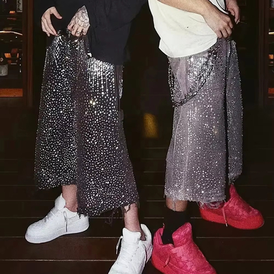 Un buen precio. Pantalones cortos de ropa callejera con impresión en todo el cuerpo, de piedra rínica, denim, diamantes, cortos, ecológicos. en línea