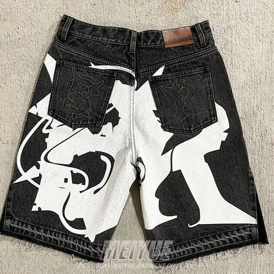 Custom Jogger Puff Print Applique Embroidery Raw Hem Logo Streetwear Baggy Distressed Black Washed Denim Jeans Shorts for Men