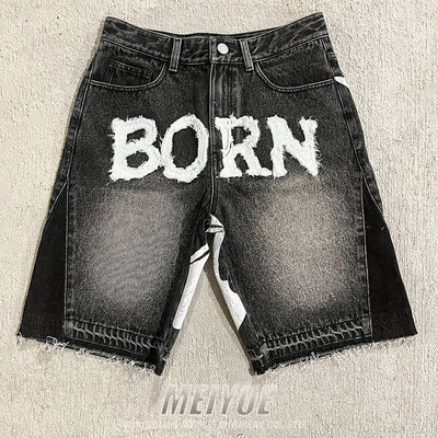 Custom Applique Embroidery Mens Raw Hem Denim Shorts Baggy Denim Shorts Antistatic