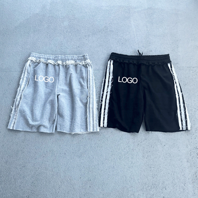 Custom Print Embroidery Logo Distressed Stripe Raw Hem Vintage Men's Shorts French Terry Cotton Jogging Shorts