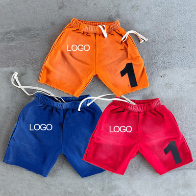 Custom Print Logo Drawstrings Acid Wash Vintage Men's Shorts Sweat Cotton Distressed Cut Edge Shorts Jogging Shorts