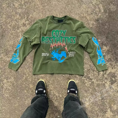 İyi bir fiyat. Özel Baskı Logo Grafik Tişört Üst Ekran Baskı Ağır Pamuk Çift Katman Sokak Giysileri Erkekler İçin Vintage Uzun Kollu Tişörtler çevrimiçi