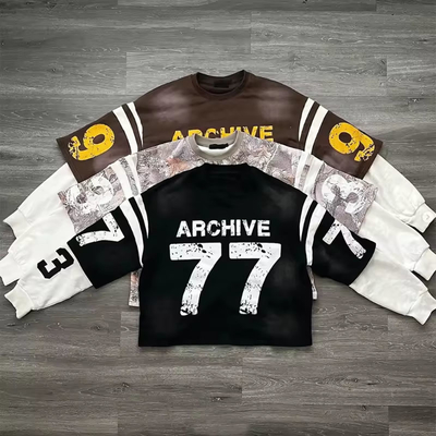 Un bon prix. Logo personnalisé Tee de haute qualité Casual Double Layered Premium Puff Print Vintage Poids lourd T-shirts à manches longues unisexes surdimensionnées en ligne