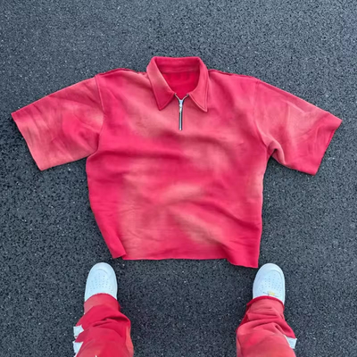 İyi bir fiyat. Özel Logo Vintage Heavyweight Solid Color Plus Size Polo Zip Up Short Sleeve Acid Washed Sun Fading Boxy Oversized T-shirt çevrimiçi