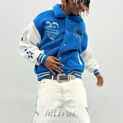 Custom Logo Sherpa Varsity Jacket Button Up Wool Fleece Bomber Jacket Mens