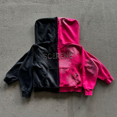 Acid Wash Vintage Sun Faded Streetwear Rhinestone Hoodie Custom Logo
