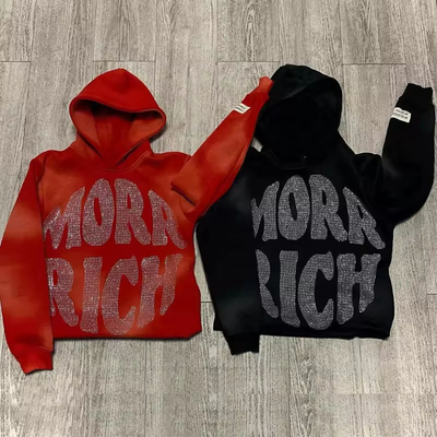 Anti Shrink Rhinestone Logo Hoodie Bottom Cut Edge Unisex Heavyweight Pullover Hoodie