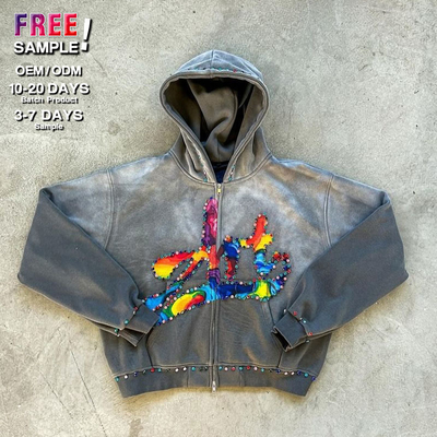 Customizable No String Streetwear Rhinestone Hoodie Zip Up Acid Wash Hoodie Casual