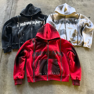 OEM Service Rhinestone Zip Up Hoodie Acid Wash Diamond Red Hoodie 100% Cotton