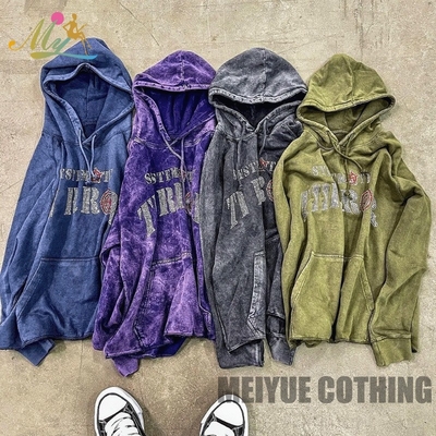 Acid Wash Rhinestone Hoodie Dtg Printed Disstressed Oversized Streetwear Hoodie