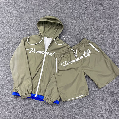 Custom Sublimation Print Windbreaker Nylon Jacket Zip up Hoodie Short Set Tracksuit Nylon Hoodie and Shorts Sweatsuit Jogger Set