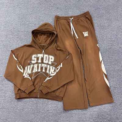 Custom Hoodie Joggers Set Ripped Screen Print Distressed Zipper Hoodie Wide Leg Baggy Straight Sweatpants Tracksuit for Men