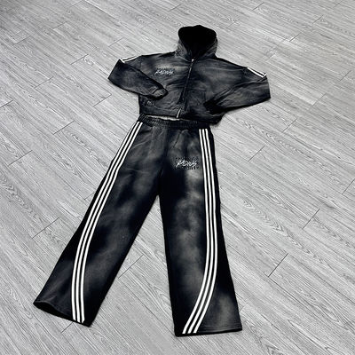 Heavyweight Custom Logo Acid Wash Sweatsuit Distressed Screen Print Sun Faded Stripes Zip Hoodie Sweatpants Vintage Tracksuit