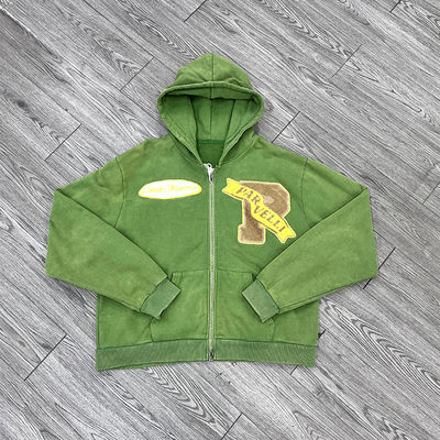 OEM Hoodie Custom Contract Stitch Fleece Acid Washed Hoodie Men Zipper Chenille Embroidery Oversized Cropped Hoodie Streetwear