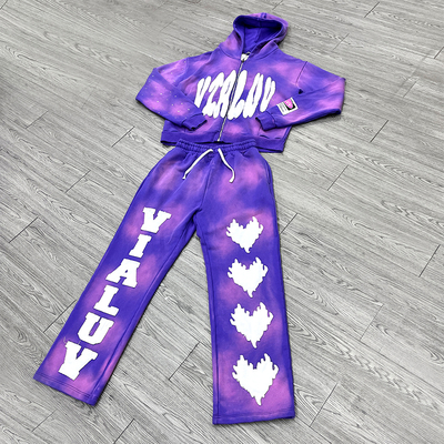 Custom Applique Embroidery Patch Boxy Zip up Rhinestone Sun Faded Acid Washed Hoodie Tracksuits Set Wide Leg Sweatpants Set