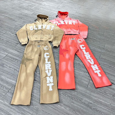 ราคาดี ชุดฮู้ดดี้แบบมีซิปและกางเกงวอร์มพร้อมปักลาย Custom Streetwear, ป้ายปักลาย, รอยขาด, และสีซีด ออนไลน์