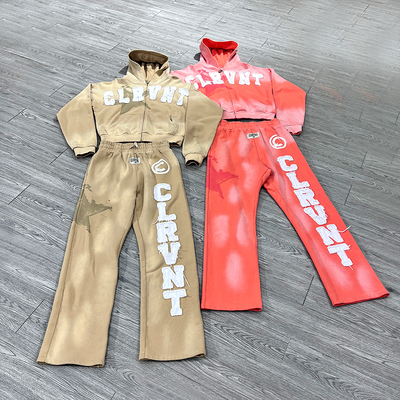 Custom Streetwear Applique Distressed Embroidery Patches Sun Faded Zip up Hoodie Set Tracksuit Sweatpants and Joggers Set