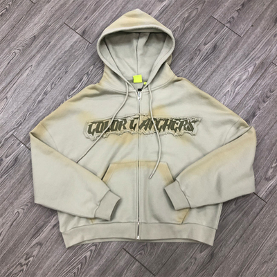 Custom Logo Applique Embroidery Distress Zip up 100 Cotton Hoodie French Terry Hoodie High Quality Hoodie Manufacturers 450gsm