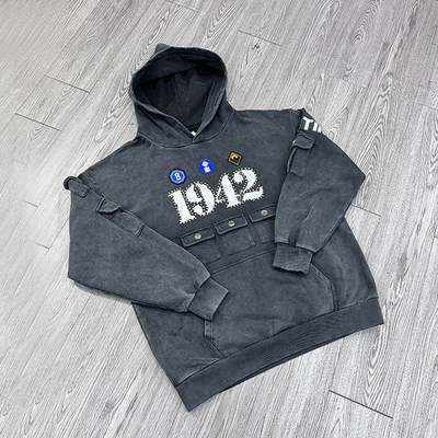 Oem Hoodie Custom Contract Stitch Rhinestone Embroidery logo Acid Washed Vintage Oversized Muti Pocket Cago Heavyweight Hoodie