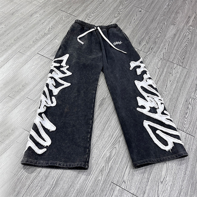 Oem Hoodie Custom Contract Stitch Embroidery Patch logo Acid Washed Sweat Pants Flare Baggy Loose Fit Stacked Sweatpants Men