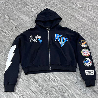 İyi bir fiyat. Özel Nakış Yama Logolu Kapüşonlu Sweatshirt Ekran Baskı %100 Pamuklu Kumaş Fermuarlı Boxy Kırpılmış Büyük Boy Fransız Terry Kapüşonlu çevrimiçi