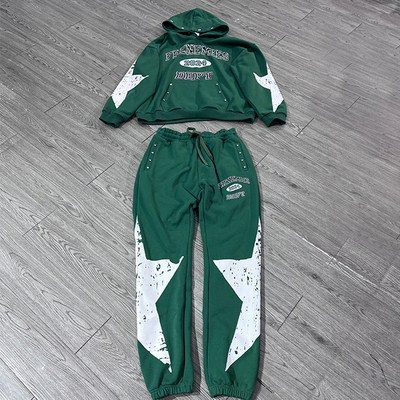 Custom Sweat Suits Rhinestone Distressed Screen Print logo Hoodie Acid Washed Legging Sweatpants Vintage Tracksuits for Men