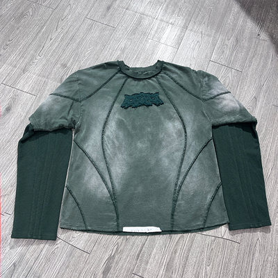 Custom Applique Embroidery Acid Washed Vintage Distressed Boxy Fit Oversized Double Layer Waffle Sleeve Tee Long Sleeve t Shirt