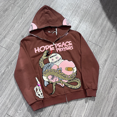 Custom 3d Puff Printing logo 500 Gsm Full Zip up Hoodie Chenille Embroidery Acid Wash Fleece Zipper Oversized Streetwear Hoodie