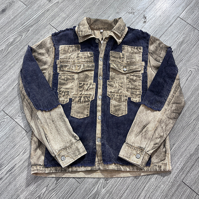 Custom Retro Patchwork Pocket Streetwear Denim Jacket Wash Vintage Distressed Button up Cargo Jacket for Men