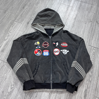 Custom Distressed Double Layer Hooded Embroidery Patch logo Hoodie Acid Wash Heavy Cotton Zip up Vintage Hoodies Manufacturers