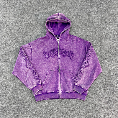 OEM Custom Embroidered Patch logo Heavyweight Hoodie French Tetty Acid Wash Vintage Zip up Distressed Oversized Zipper Hoodie