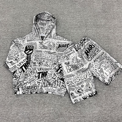 Dobra cena. Stratowe ubrania męskie pełne drukowanie DTG ukryte zipper Hoodie Shorts Set dostosowany rozmiar w Internecie