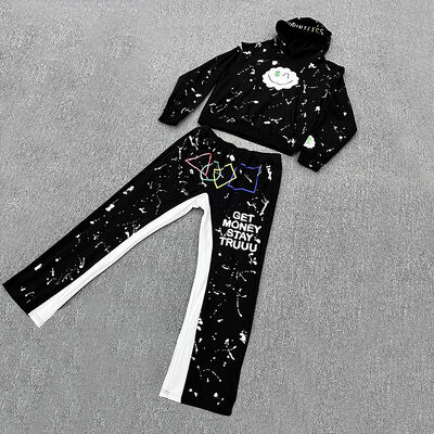 Хорошая цена. Настроенный пуф-принт капюшон Casual Flared Jogger Track Pants В хлопковой ткани Для мужчин наложенные шорты спортивный костюм онлайн