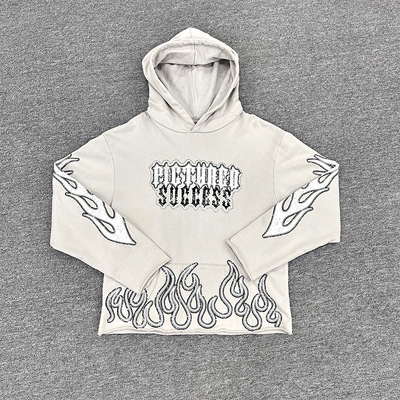 Custom Open Bell Sleeves Screen Rhinestone Print logo Hoodies French Terry Raw Hem Cropped Hoodie Cut and Sew Hoodie Manufacture