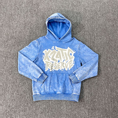 ราคาดี โลโก้แบบกำหนดเอง เสื้อฮู้ดดี้ Retro French Terry สีน้ำเงิน ฟอกสีแบบ Distressed Acid Wash สไตล์วินเทจ เสื้อสวมหัว แฟชั่นสตรีทแวร์ ออนไลน์