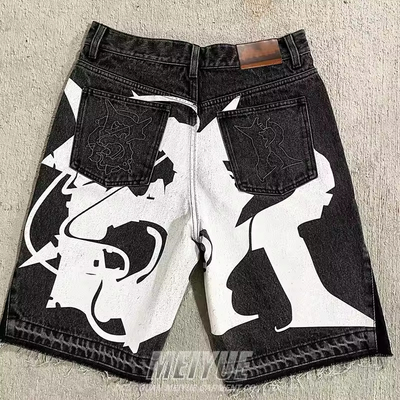 Custom Jogger Puff Print Applique Embroidery Raw Hem Logo Streetwear Baggy Distressed Black Washed Denim Jeans Shorts For Men