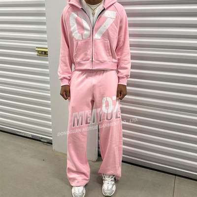 Ensemble de survêtement à capuche zippée surdimensionnée avec impression personnalisée rose, pantalon de jogging évasé ample rose, survêtement pour hommes