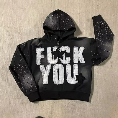 Embroiderie personnalisée avec appliqué Hoodie en désarroi Rhinestone Fermeture à glissière Jacket lavage à l'acide Hommes lavés vintage Veloce Hoodie de rue