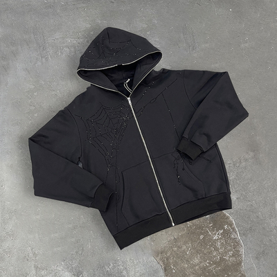 Fabricante personalizado de sudaderas con capucha con cremallera completa de streetwear, corte holgado, estilo oversize, rizo francés, con pedrería para hombre