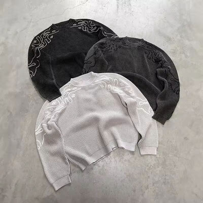 良い価格 カスタム刺繍ロゴ ニットワッフルスウェットシャツ メンズ 無地 カジュアル 環境に優しい 長袖 プルオーバー Tシャツ スウェットシャツ メーカー オンライン